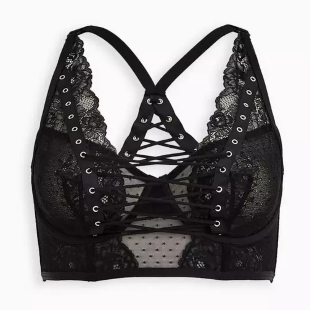 NWT Torrid Bralette Size 2 Black Lace Up Racerback Underwire Longline Goth #1084 - Picture 3 of 6